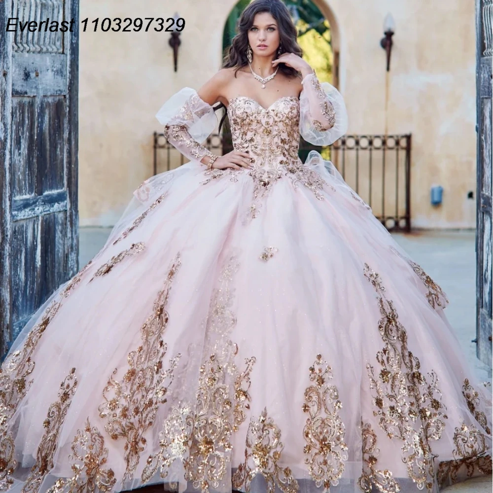 

EVLAST PinkQuinceanera платье бальное платье Золотое кружево Аппликация с бисером пышные рукава Многоярусное милое 16 Vestidos De XV 15 Anos TQD636