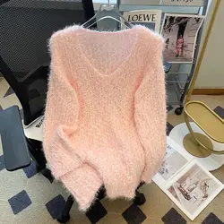 Gentle Pink Soft Plush Knitted Sweater for Women in Autumn Lazy Style Slimming Long Sleeved Sweater Jacket Trendy