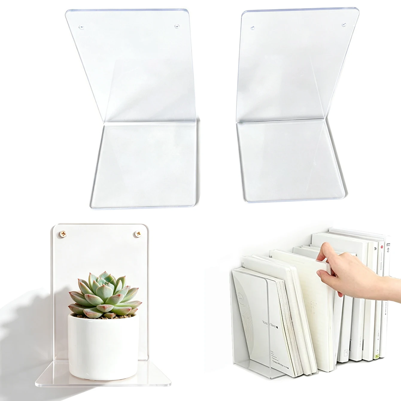 

2 high toughness book heads, heavy-duty bookshelves, wall mounted floating brackets, anti slip transparent office desk storage r