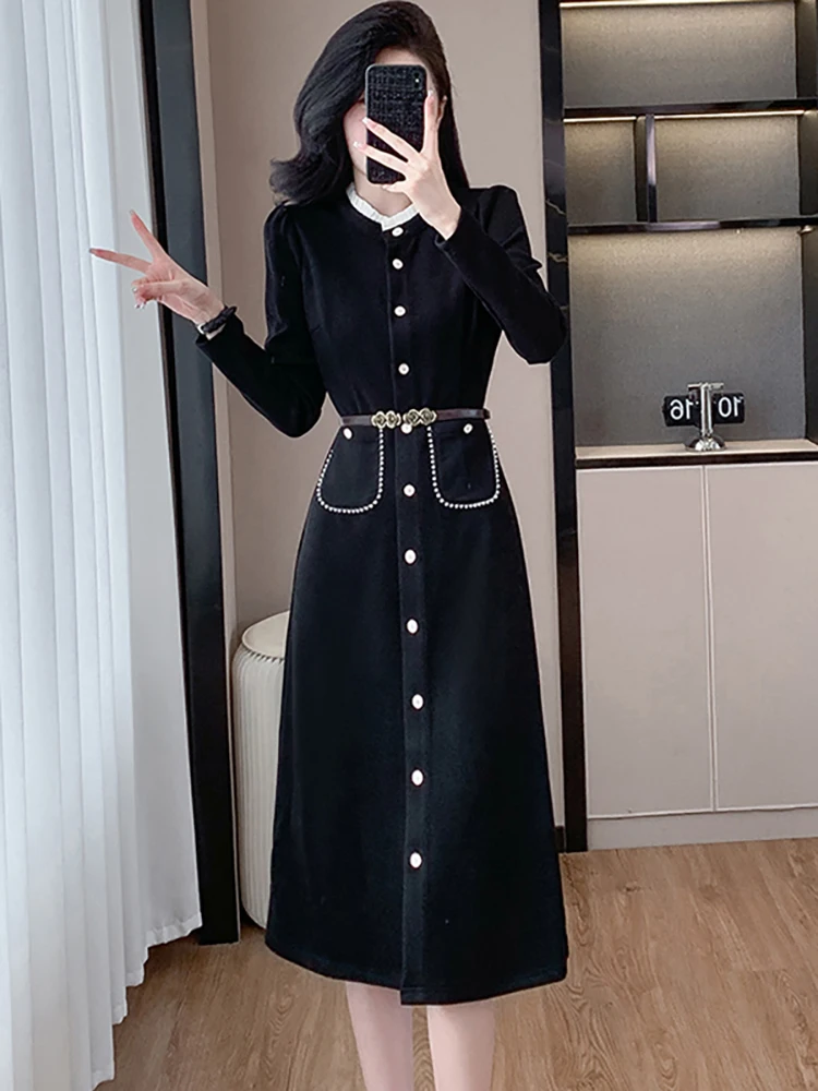 

Осень-зима, черное вязаное шикарное бандажное платье с бриллиантами, женское элегантное роскошное длинное платье 2021, корейское винтажное вечернее платье Хепберн