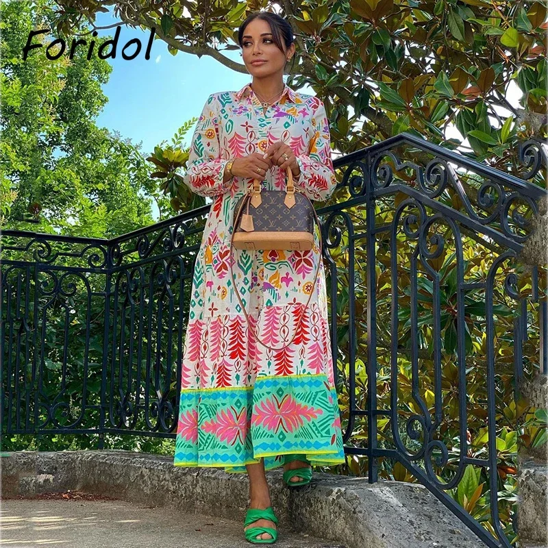 Foridol Floral Print Casual Boho Shirt Dress Maxi Long Autumn Winter Long Sleeve Dress Vestidos 2024 Button Up Dress