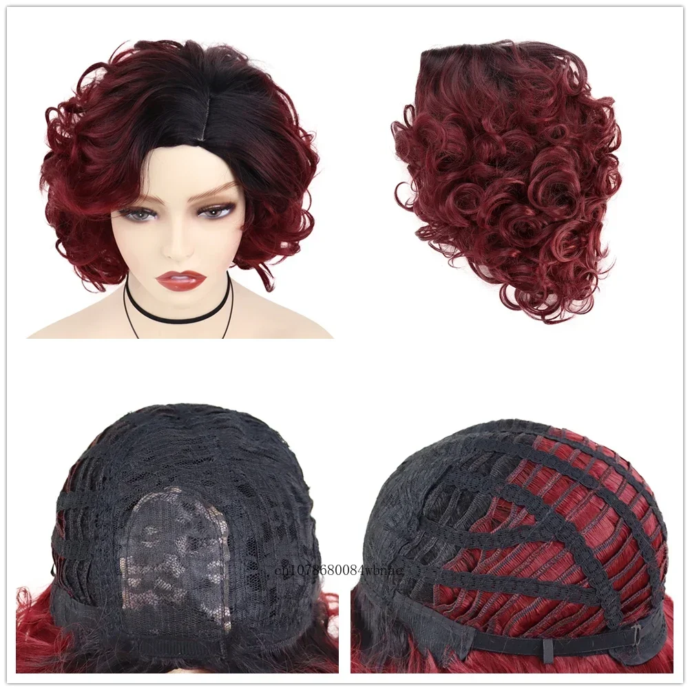 Peluca de pelo sintético rizado grande y corto para mujer, peluca hinchable roja ombré con flequillo lateral, pelucas de fibra resistentes al calor de aspecto Natural, Cosplay diario