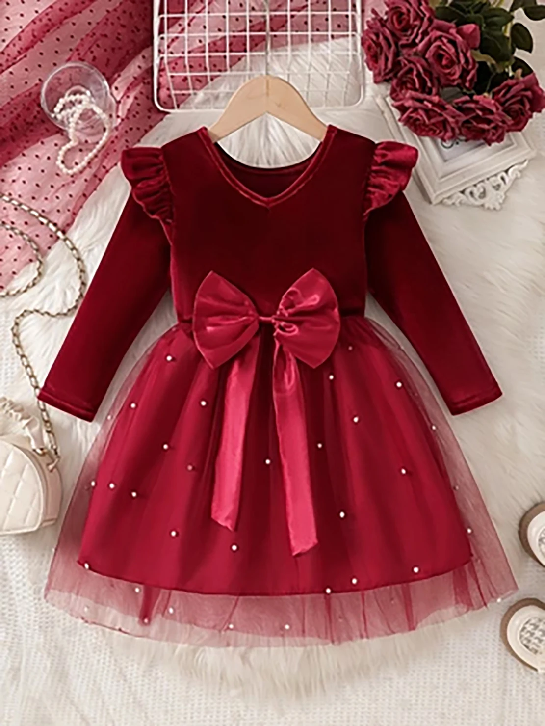 Girls' Burgundy Velvet Princess Dress, Long Sleeve Bow Tulle Skirt for Autumn & Winter
