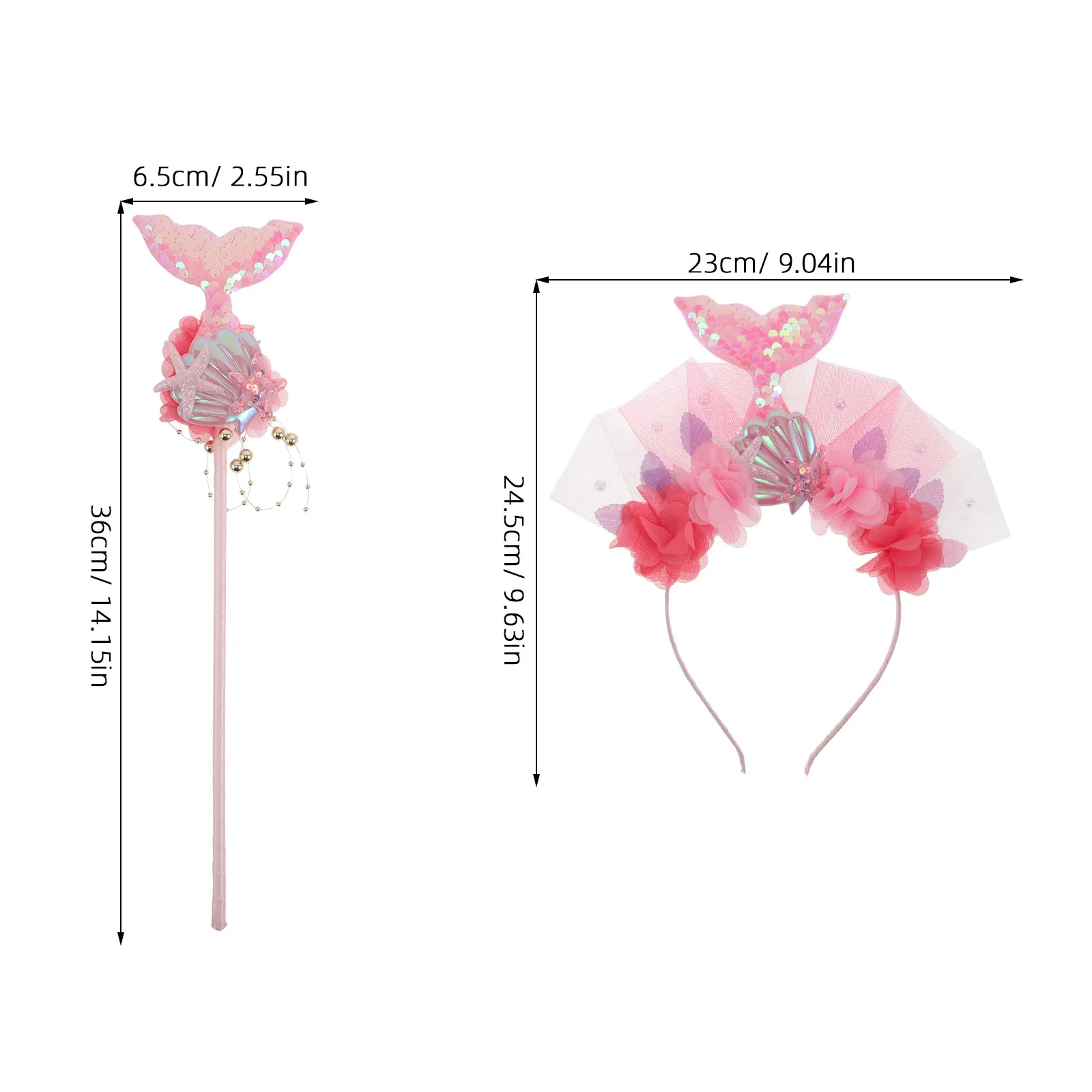 1Set Sequin Mermaid Headband Fairy Wand Fish Hair Hoop Tulle Flowers Shell Princess Cosplay Dress Up Mermaid Party Accessories view 5