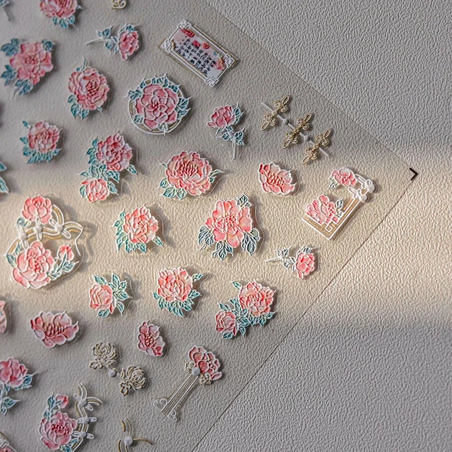 Pegatinas de Arte de uñas de flores rosas Kawaii, 5D, 1 piezas, dibujos animados, estilos chinos, peonía, Qipao, calcomanías autoadhesivas, accesorios de decoración de uñas