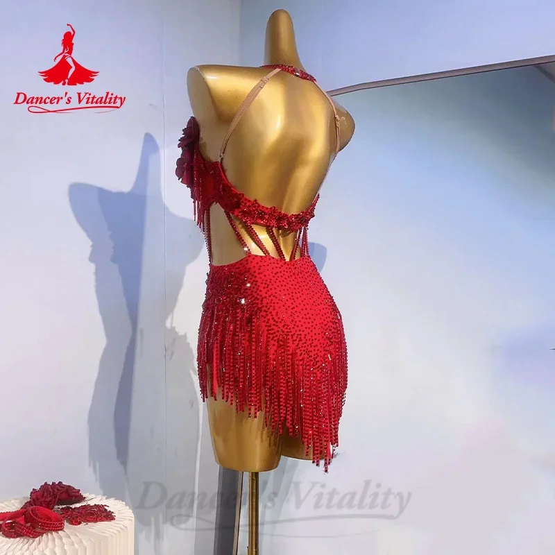 Personalizado strass franja dance dress para adultos e crianças, vestidos de competição, competição, latim, tango, chacha, samba