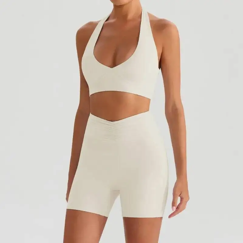 

Женский быстросохнущий бюстгальтер телесного цвета с красивой спиной и облегающим вырезом, висящий бюстгальтер, штаны для йоги, комплект для спорта на открытом воздухе и красивый костюм