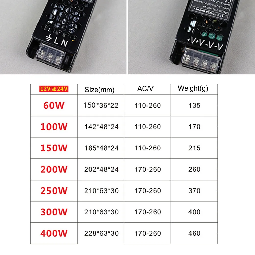 AC/DC 12V 24V Transformer 60W 100W 150W 200W 300W 400W LED Driver Power Supply Super Thin A/D Converter for LED Strip Light Bulb