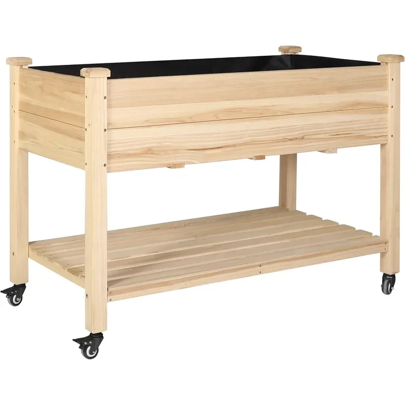 48x24x33in Raised Garden Bed Featuring Legs Outdoor Elevated Wood Planted Box Equipped with Wheels Shelf for Vegetable Flower