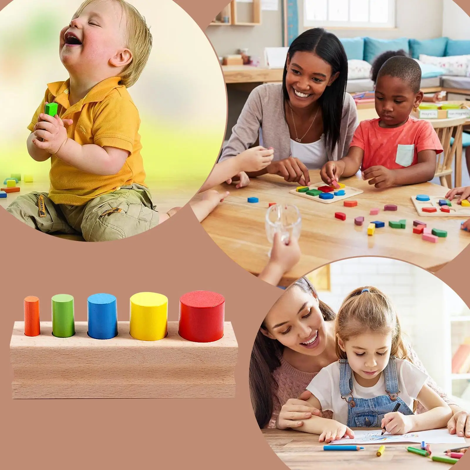 Wooden Early Learning Toys Sensory Wood Color Sorting Game Cylinder-shaped Interactive Fine Motor Skill Developmental Puzzle Toy