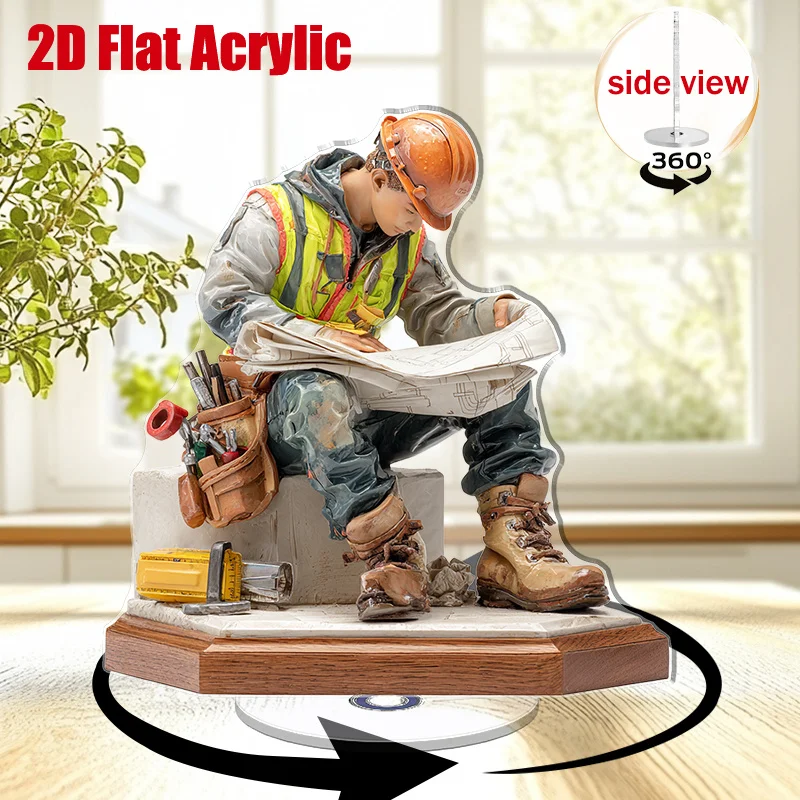 2D Flat, 2D Flat Rotating Acrylic Construction Worker Statue - Blueprint Study Desk Decoration, No Electricity Needed, Durable O