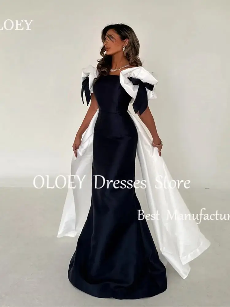 

OLOEY Modest Pleats Mermaid Prom Dress Off Shoulder Black White Wedding Party Dress Floor Length Arabic Evening Dress Custom