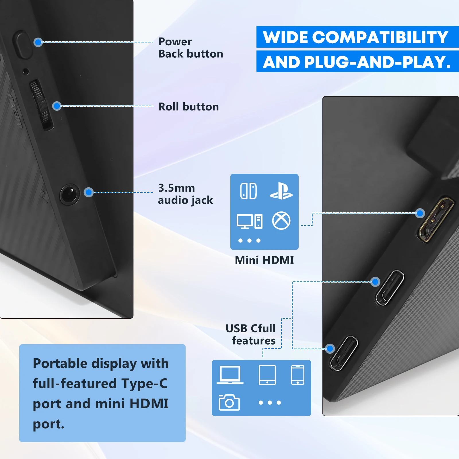 GBOLE-Monitor portátil para ordenador portátil, pantalla de 18,5 pulgadas, 100Hz, 100% SRGB, FHD, 1080P, IPS, para juegos, USB C, HDMI, HDR, de viaje