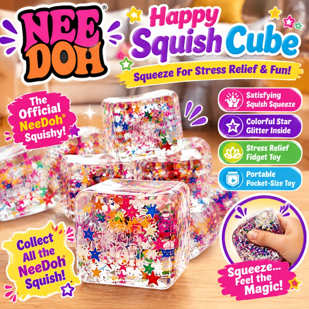 Original NeeDoh Happy Squish Cube Fidget Squeeze Toy Transparent Cube with Star Glitter Sequins Anti-Stress Portable Pocket Nove