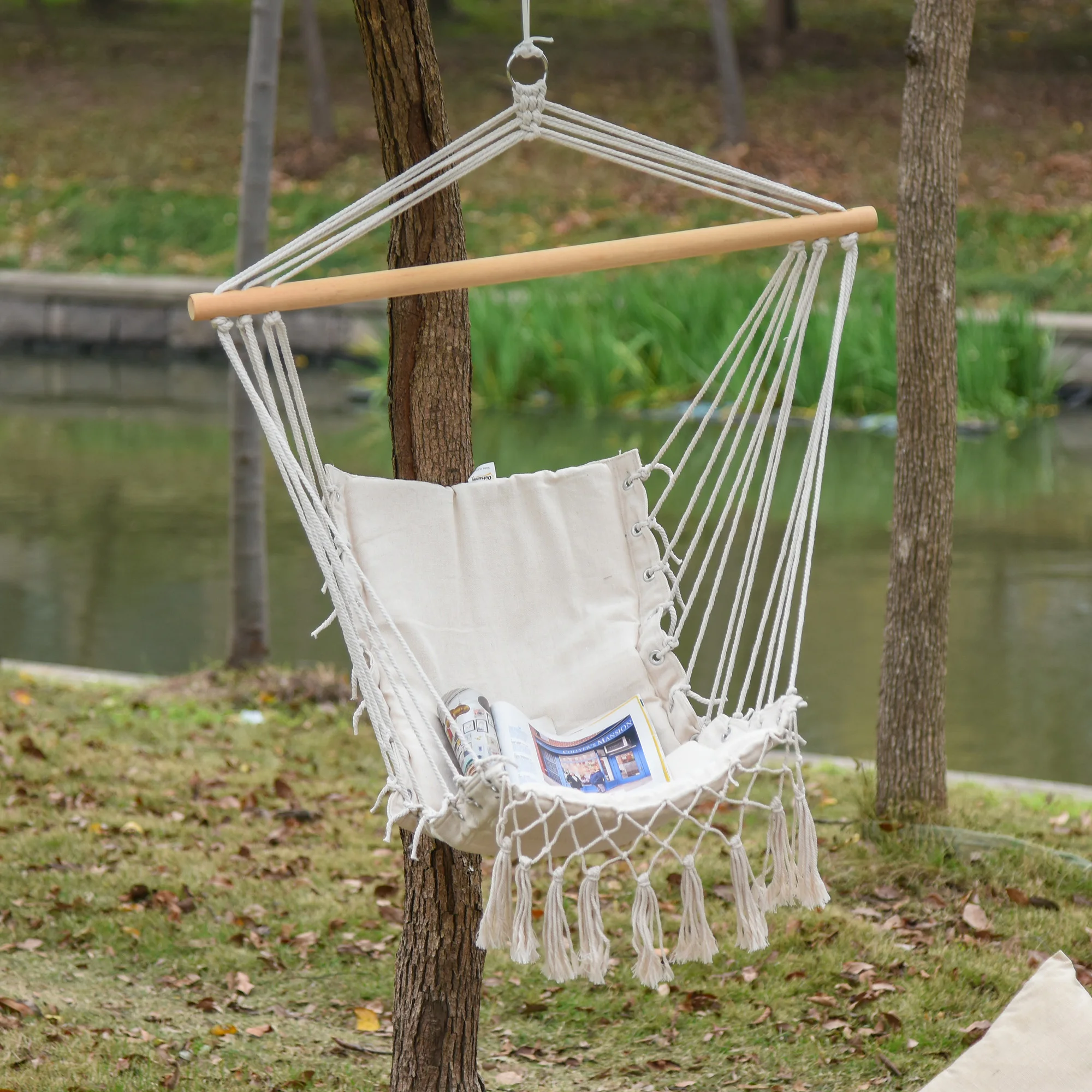 Outsunny Silla Colgante con Borlas Carga 120 kg para Interior y Exterior Blanco