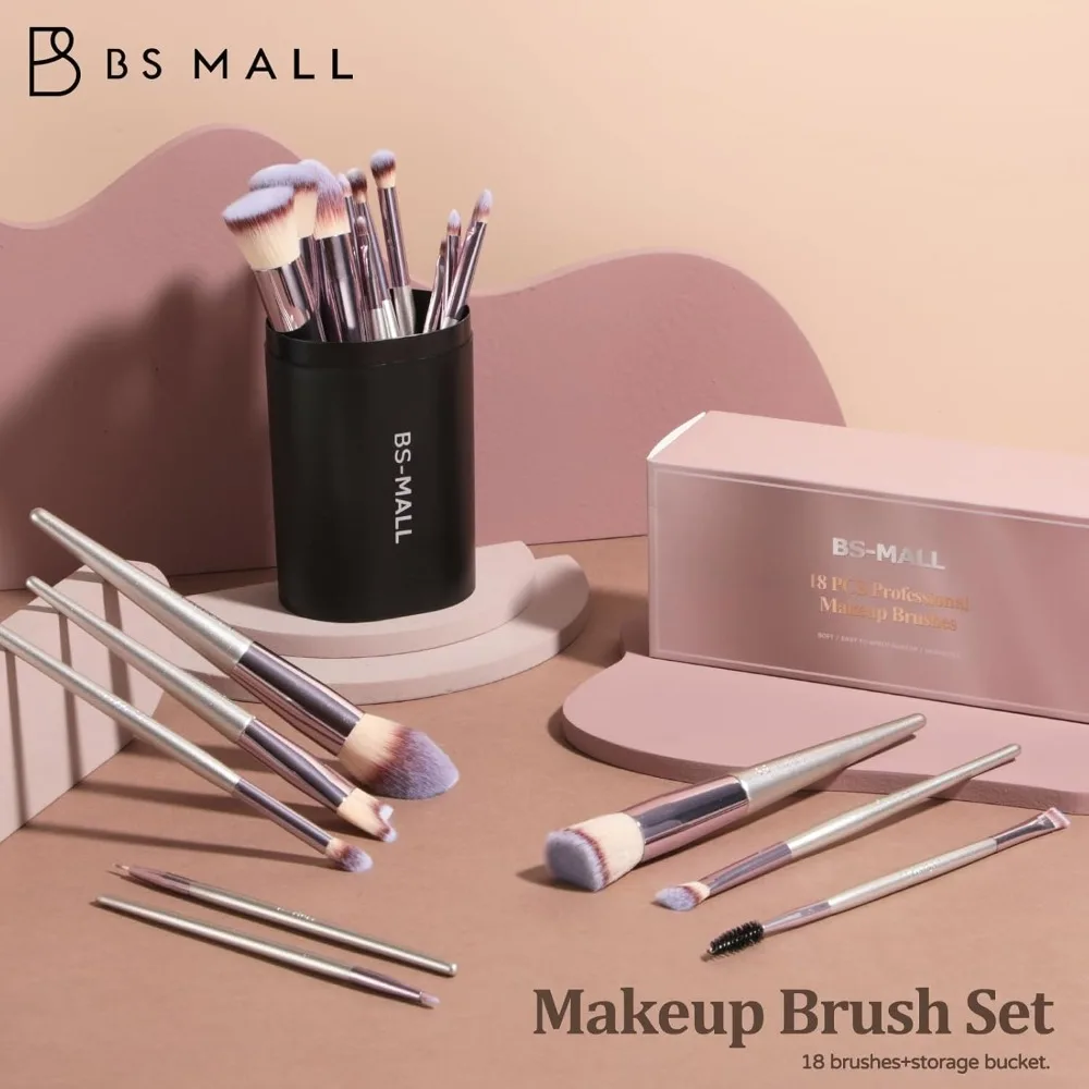 BS-MALL Make-up-Pinsel-Set, 18-teilig, Premium-Synthetik, Foundation, Puder, Concealer, Lidschatten, Rouge, Make-up-Pinsel mit schwarzem Etui