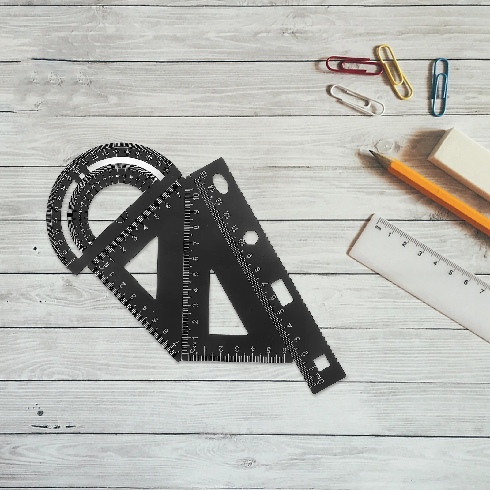 4pcs Metal Ruler Set Black Geometry Tools For Students Portable Straight Edge Triangle Protractor Stationery Kit Ruler