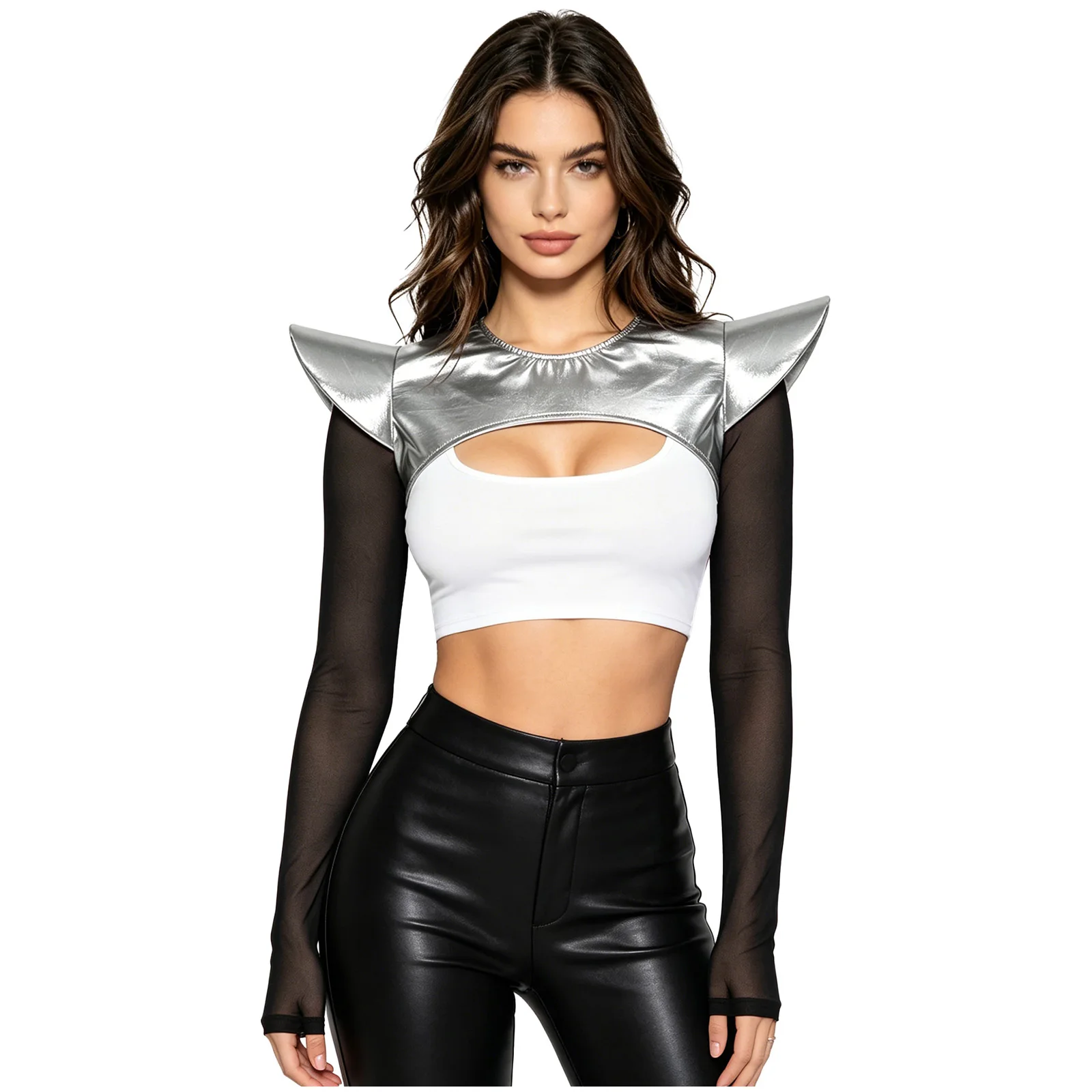 Womens Shiny Metallic Armor Shrugs Crop Top Gothic Punk Rave Party Performance Outfit Cosplay Themed Party Costume Rave Clubwear