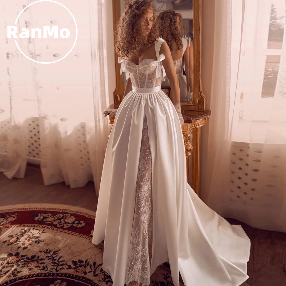 

Элегантное атласное платье Ranmo с кружевом для женщин: на бретельках, с разрезом, для выпускного, свадьбы, вечеринки, особых случаев, вечернее, на заказ