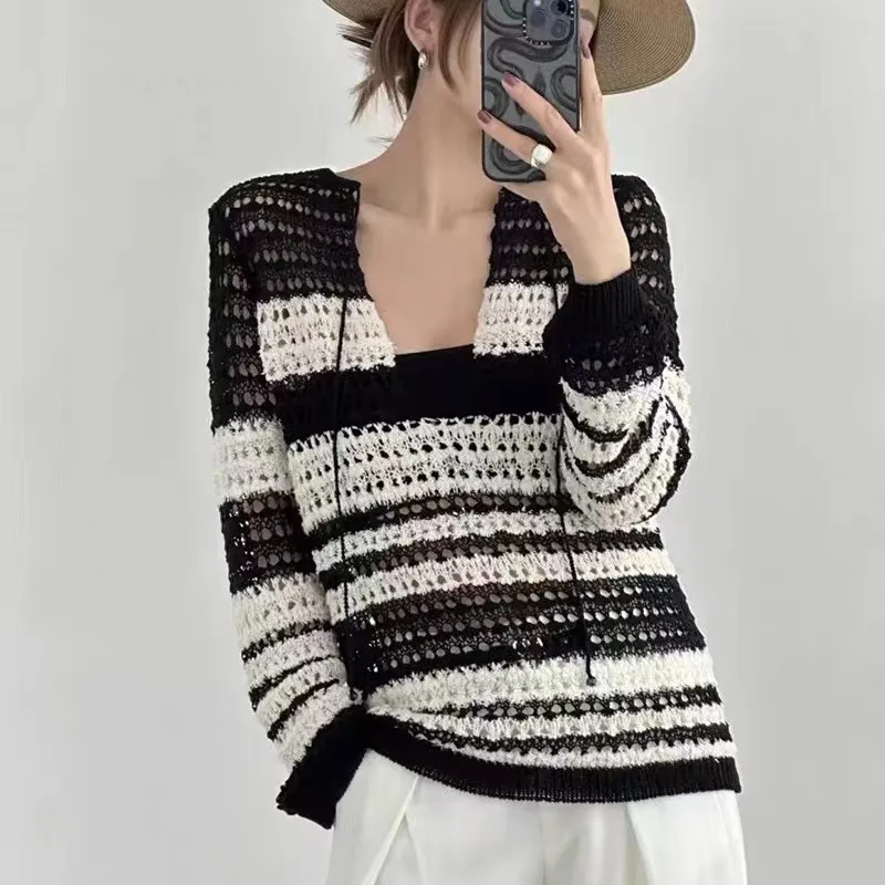 

Новый черный полосатый солнцезащитный трикотажный халат с длинными рукавами, женская блузка, рубашка, блузка, женские топы, Blusa Camisas De Mujer Blusas Q262