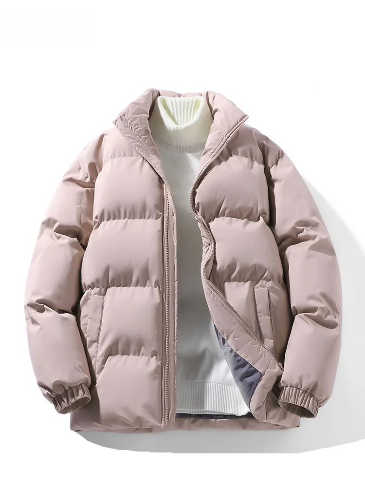 

Winter Thiened down Cotton Jaet Men's Loose Casual Bread Sle Coat Pure Color Youth Trendy Warm Stand Collar Zipper
