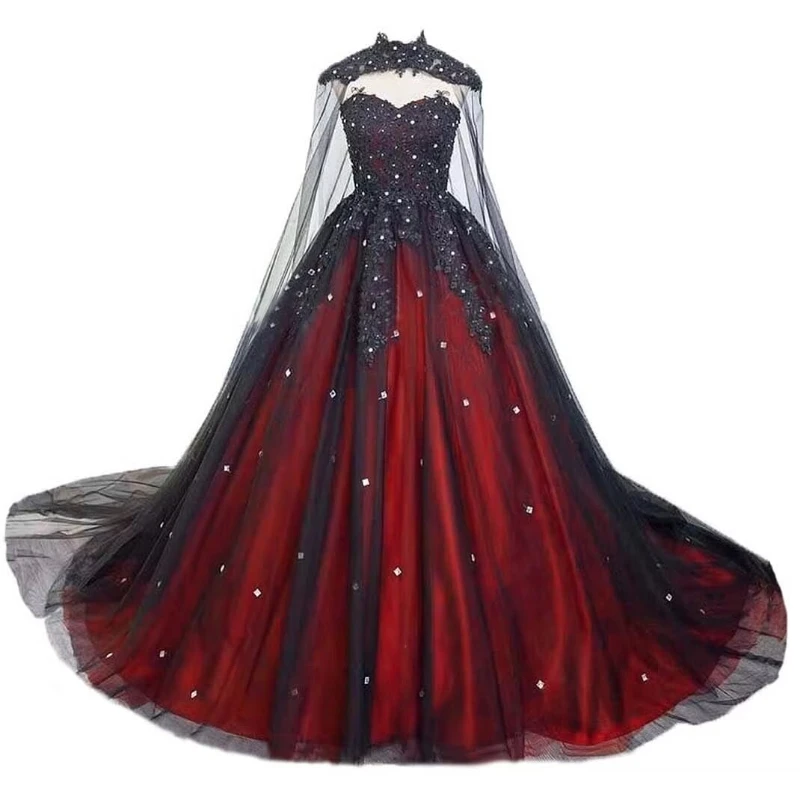 

Gothic Tulle Red Black Wedding Dresses for Bride Beading Lace Wedding Gown Luxury Sweetheart Long Bridal Gown
