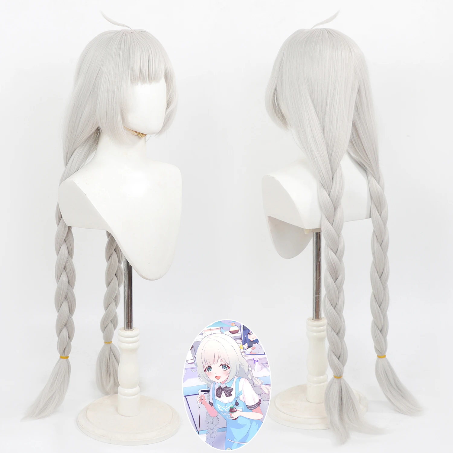 Tachigi Maia Cosplay Blue Archive Anime Wig Silvery white Anime Cospaly Wig Double Braided Ponytail Roleplay Synthetic Wig