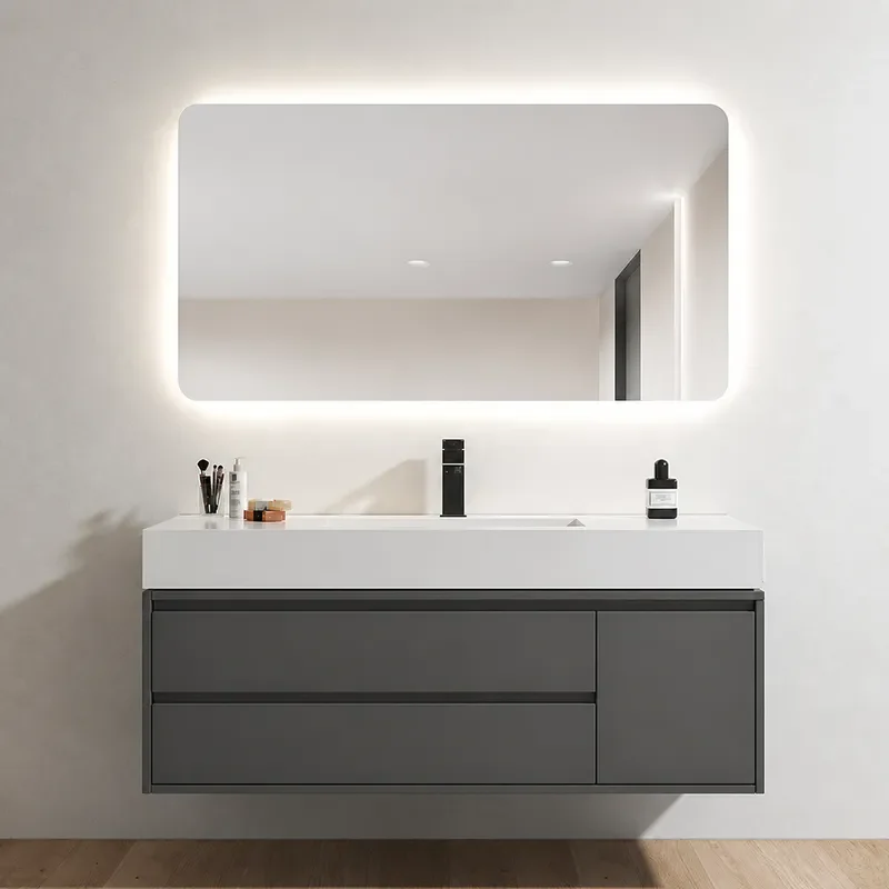 Modern Simple White Slate Integrated Basin Bathroom Cabinet with Smart Mirror Oak Wood Vanity Wash Table Combo