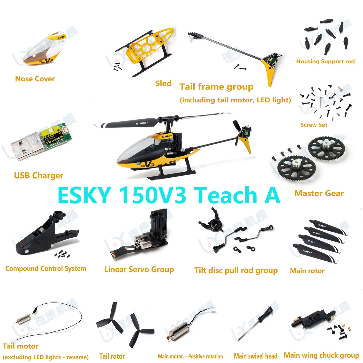

ESKY 150V3 Teach A RC Helicopter Accessories Tie Rod Head Cover Motor Propeller Tail Rotor USB Charger Tail Bracket Set