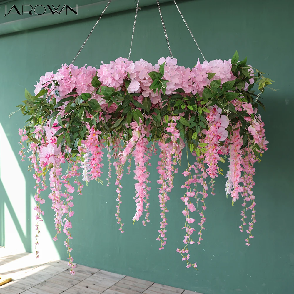 

Pink Artificial Rose Hydrangea Wisteria Circle Flower Arrangement for Wedding Event Decor Ceiling Hanging Metal Hoop Frame J2611