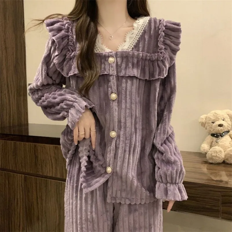 Winter Coral Fleece Womens Thermal Pajamas Set Lovely Lace-trimmed Thickened Homewear Warm Suit V-neck Fluffy Nightwear 2Pcs