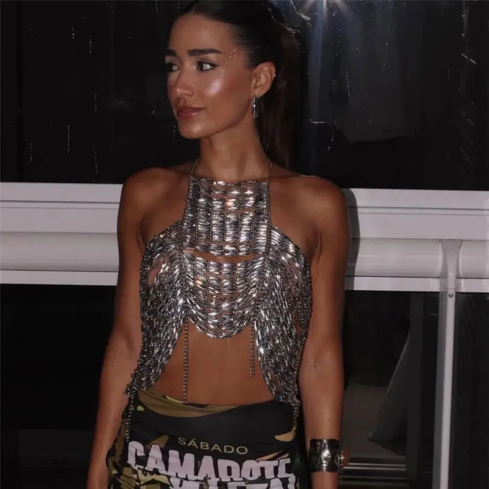 

Прозрачный блестящий топ-жилет с бриллиантовым эффектом, цепочка-бра на шее, праздничный сверкающий универсальный топ для дискотек