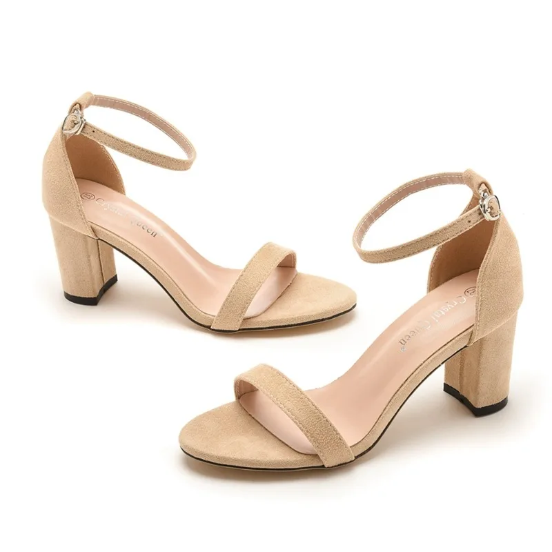 Women Summer Sandals Flock 7CM Square Heel Buckle Strap Casual Versatile Party Dress Wedding Nightclub Women Shoes Apricot