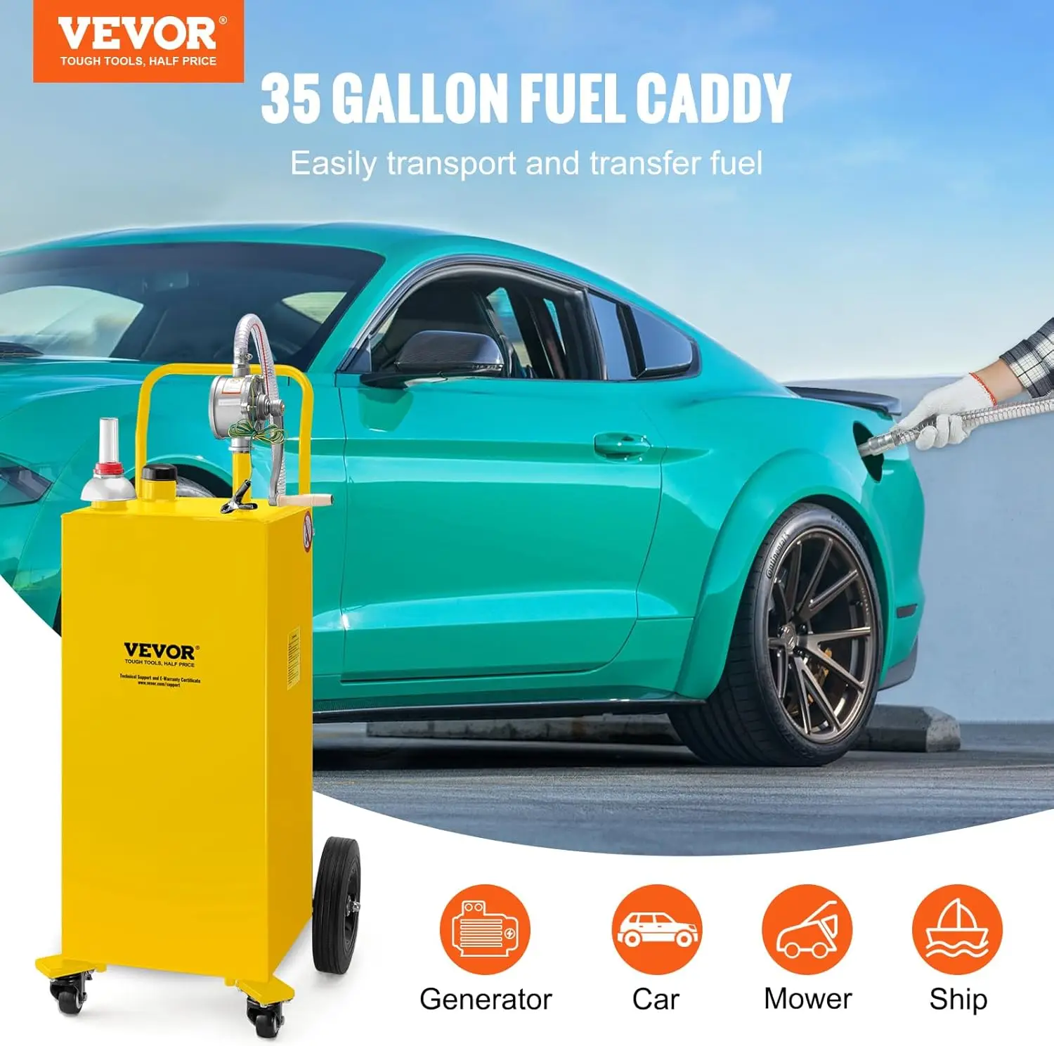 

Fuel Caddy, 35 Gallon, Gas Storage Tank on 4 Wheels, with Manual Transfer Pump, Diesel Fuel Container for Cars, Lawn
