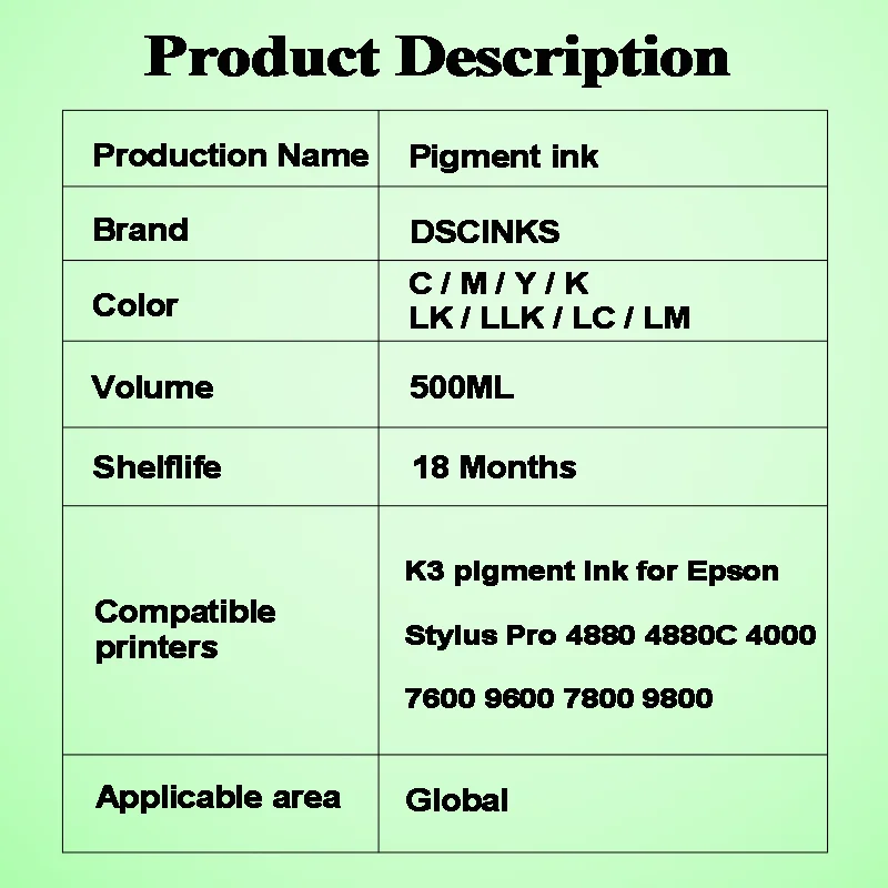 500ml K3 pigment ink for Epson Stylus Pro 4880 4880C 4000 7600 9600 7800 9800 printer pigment ink ( 8 color opitons )