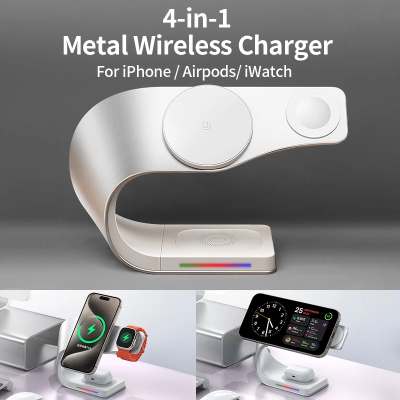 Qi 15W Magnetic Wireless Charger 4 in 1 Metal Shell 15W Fast Charging Station Stand for iPhone 12-17 Mobile Phones Airpods Watch