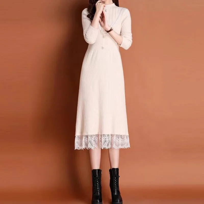 Gaun wanita Korea lengan panjang, gaun Sweater wanita musim gugur dan musim dingin kerah setengah tinggi, elegan, modis, rok A-line, renda, kancing disambung, lengan panjang