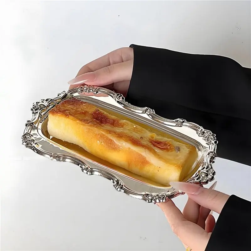 B97A-8X Vintage Embossed Stainless Steel Tray Serving Platter For Desserts Jewelry Storage Snack Plate For Dining Table Decor