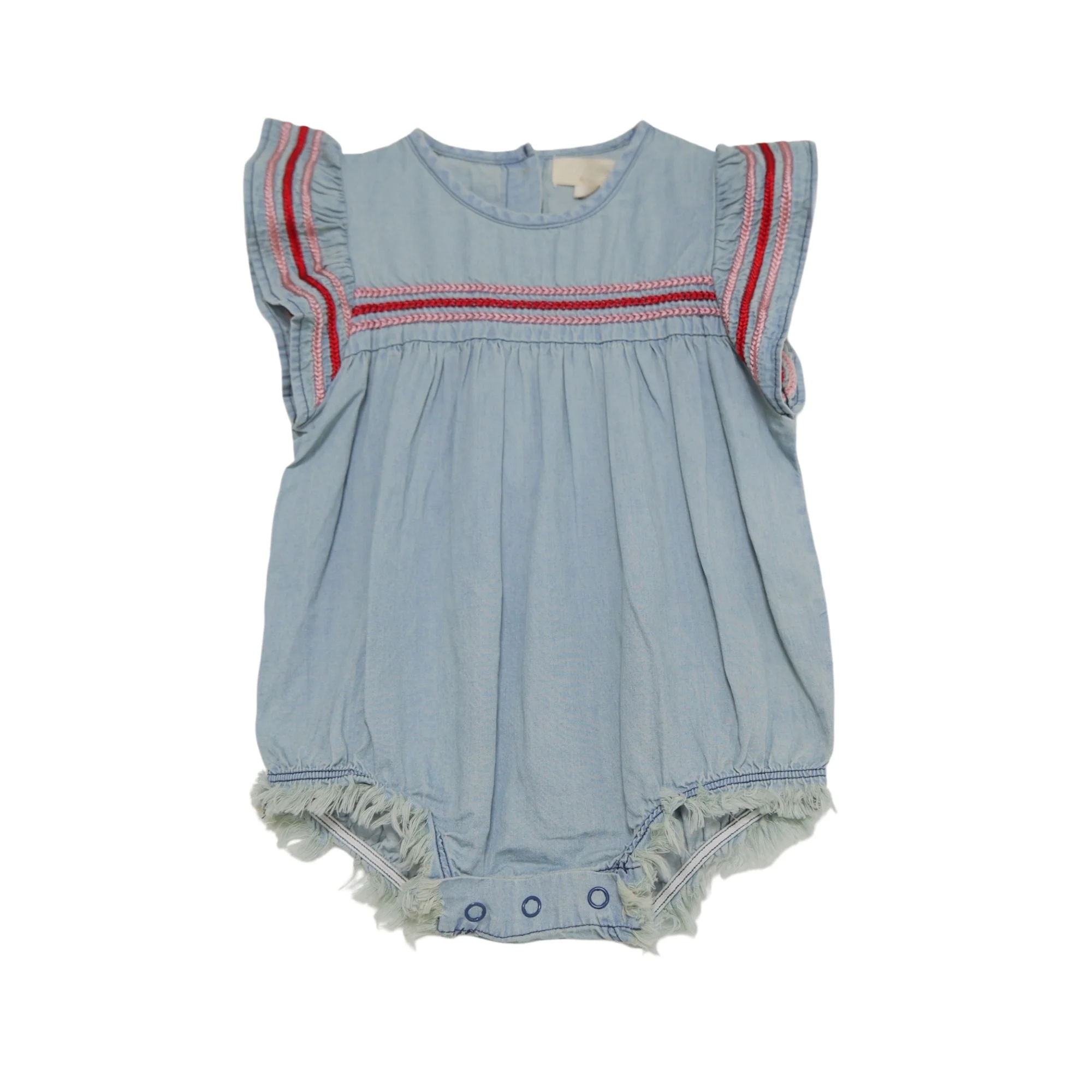 Light Wash Denim Infant Bubble Onesie Red Pink Woven Stitch Fringe Hem Sleeveless Baby Girl Romper for Summer Park Outings