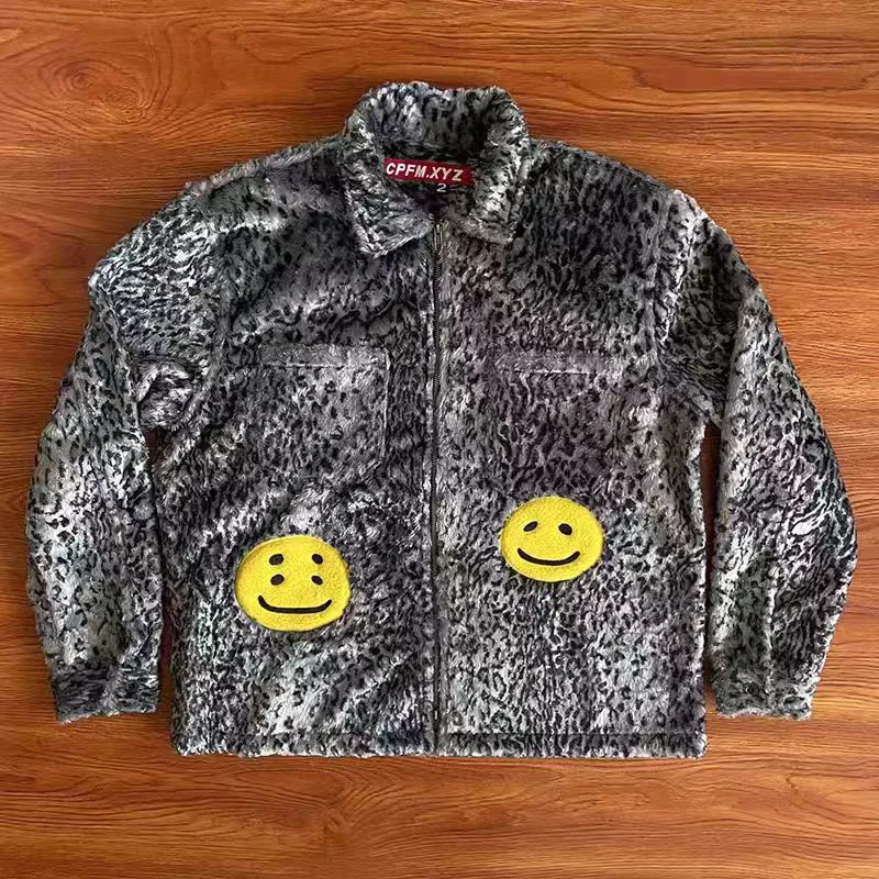 24ss CPFM XYZ Leopard Print Jacket Embroidered Lapel Zipper Loose Coat for Men Women Clothing