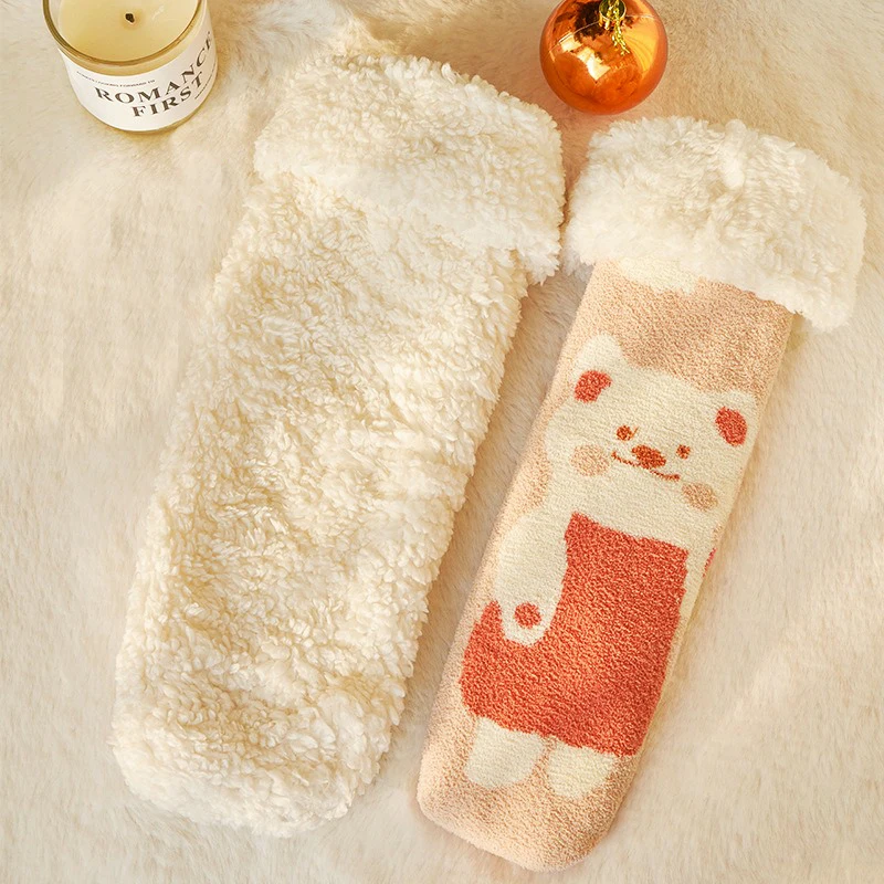 Lamb Wool Floor Socks Women's Mid-Calf Socks Fall And Winter Models Padded And Thickened Warm Non-Slip Silicone Home Socks