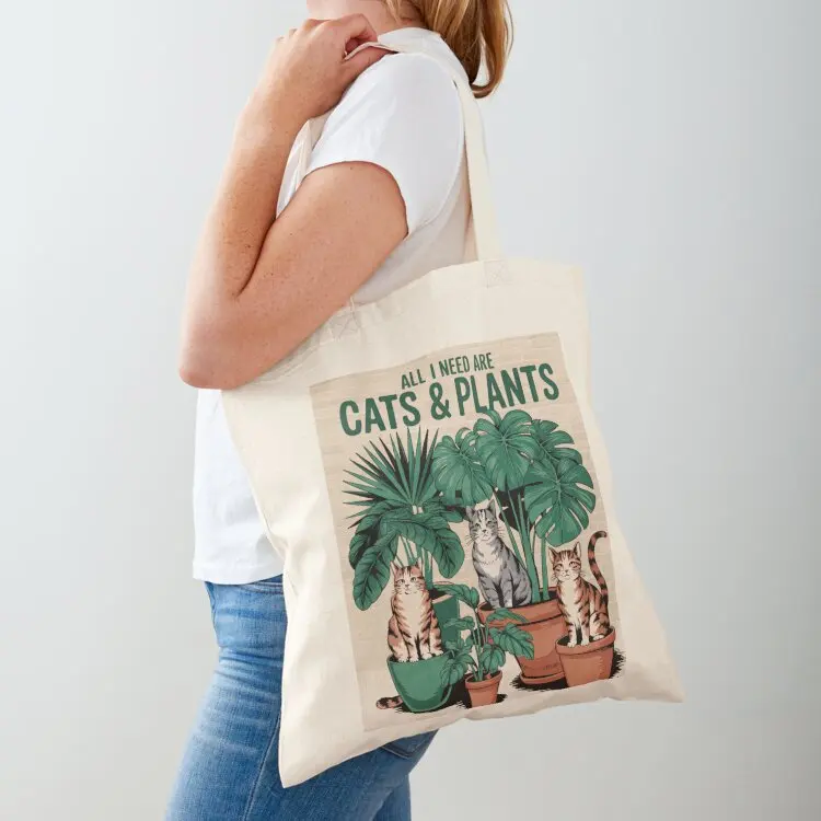 

All I Need Are Cats And Plants Vintage Illustration Tote Bag Cloth bags personalized tote bag supermarket folding bag