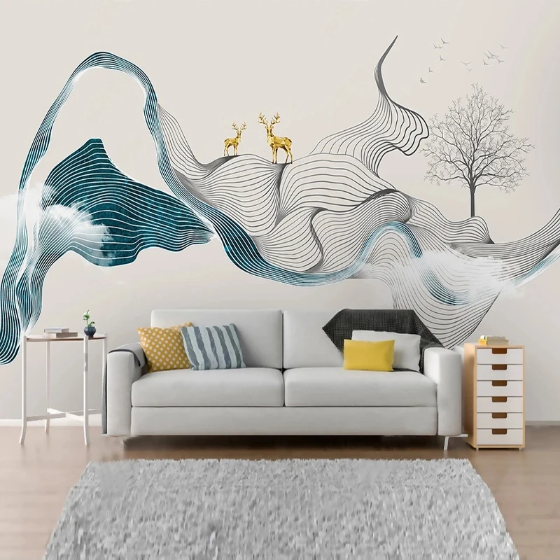 Chinese Style Custom Mural 3D Abstract Ink Line Wallpaper Landscape Artistic Conception Elk Background Wall Painting Home Decor
