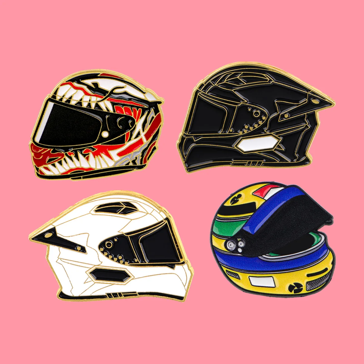 Preto branco capacete de corrida esmalte pinhas dos desenhos animados broche pinos de metal crachá na mochila acessórios de roupas moda jóias presentes