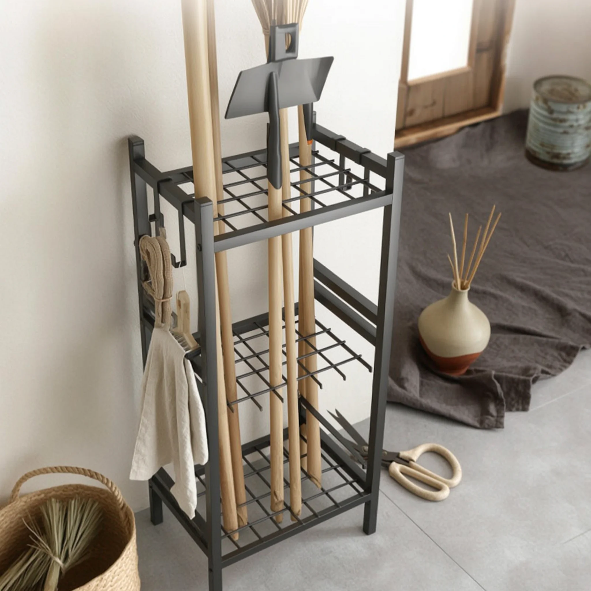 Garden Tool Rack with Wheels Compact Garden Tool Organizer with Wheels Utility Cart with Hooks Powder Coated Furniture