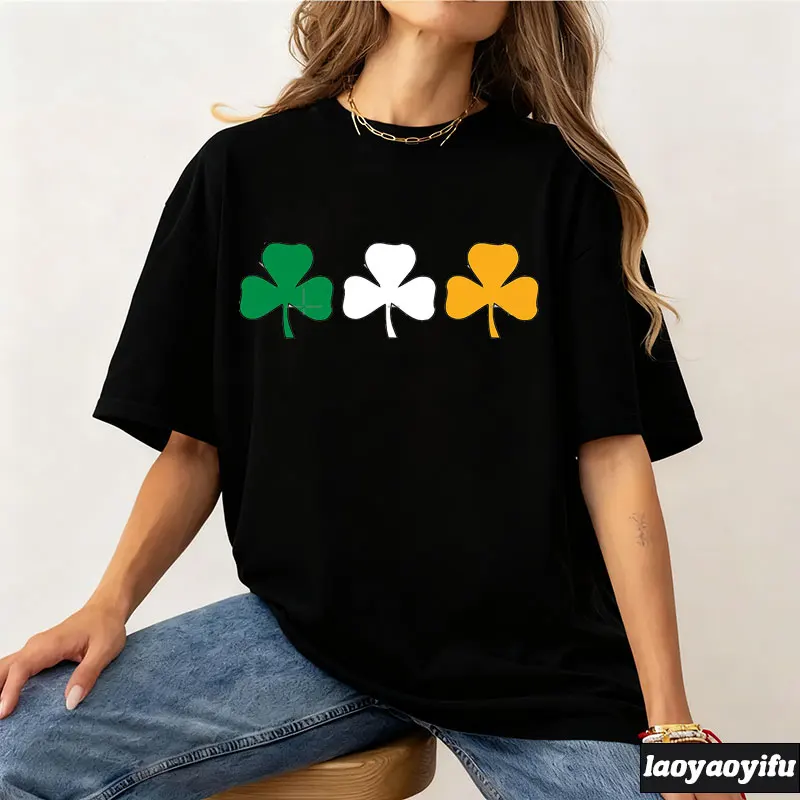 The Flag of Ireland Shirts The Lucky Clover St. Patrick Short-sleeved Shirt Women's Round-neck Cotton T-shirt Vintage Clothes
