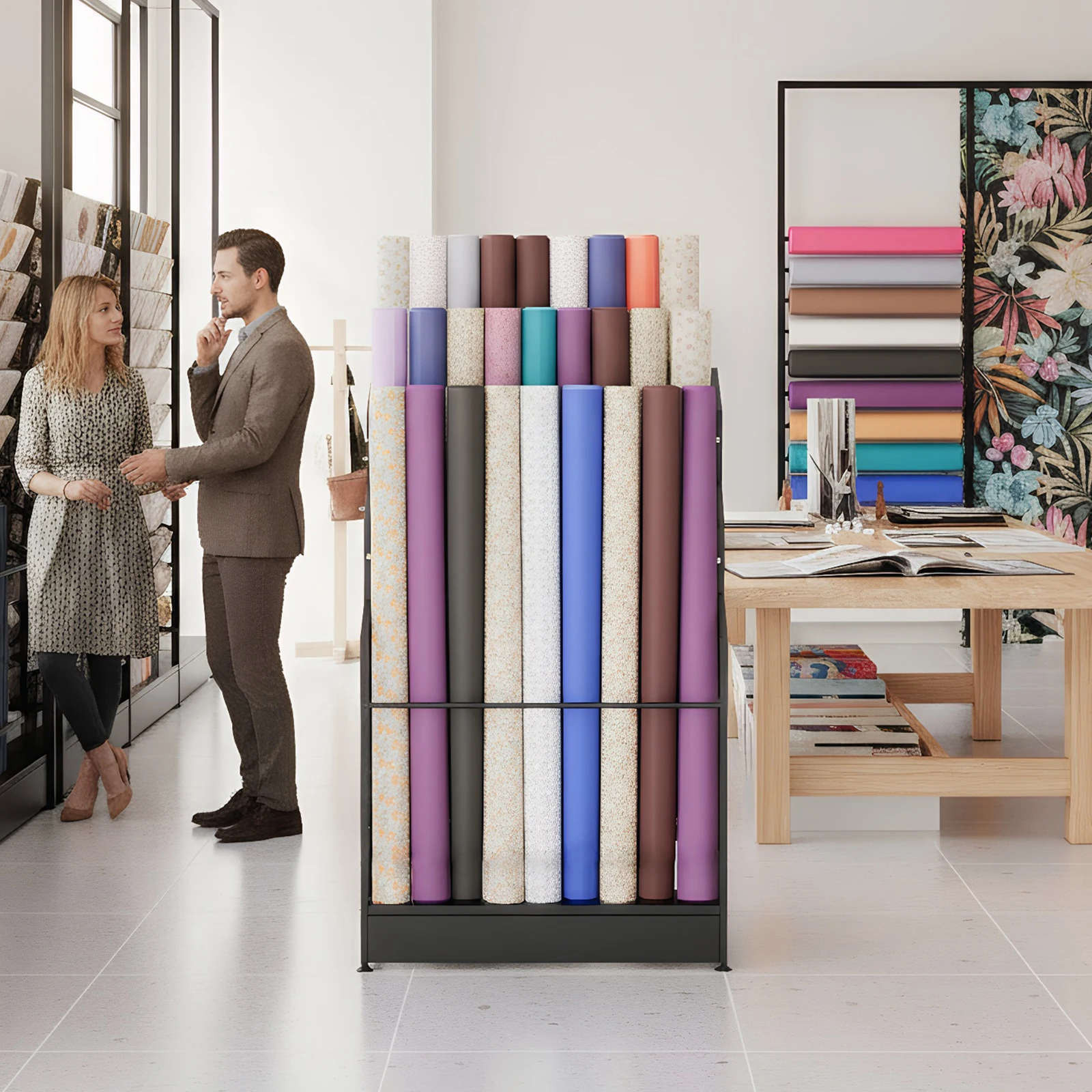 

3 Tier Heavy Duty Fabric Roll Storage Rack Floor-Standing Vinyl Car Wrap Film Display Rack with Adjustable Rails for Tablecloth