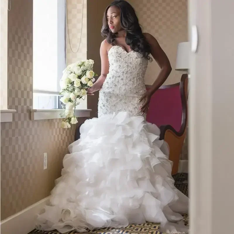 Customized Beading African Long Puffy Tiered Skirts Mermaid Wedding Dresses Sweetheart Neck White Organza Plus Size Bridal Gown