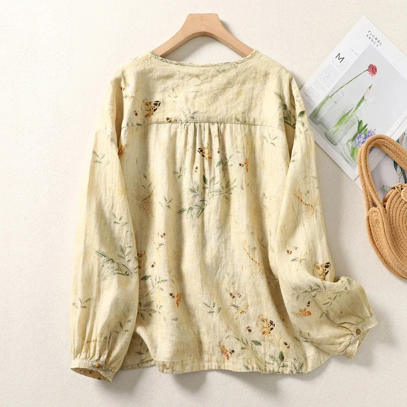 New Cotton and linen printed long-sleeved plate button blouse female spring new Korean loose large size temperament design sens