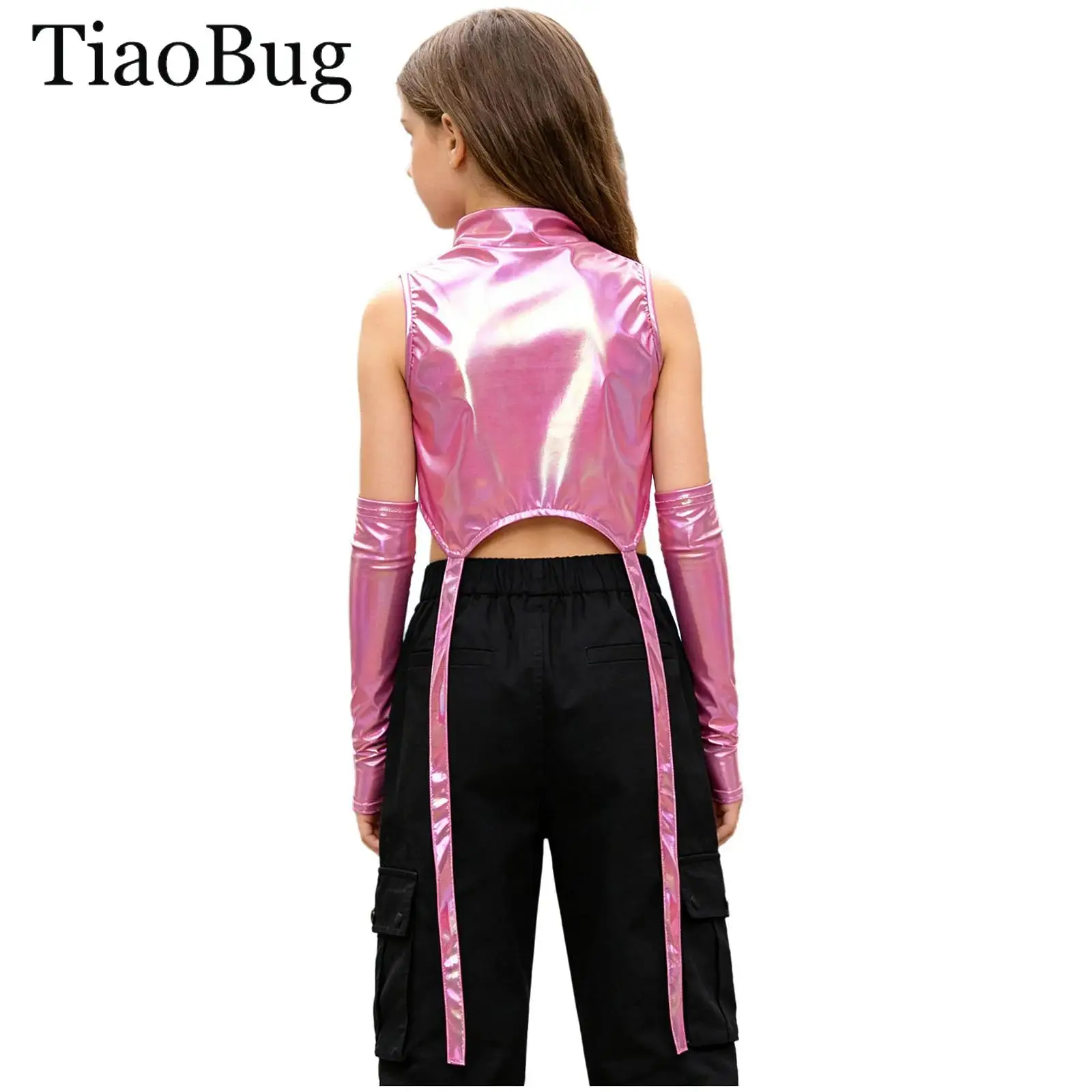 

Teen Girls Shiny Hip-Hop Jazz Dance Vest Crew Neck Sleeveless Metallic Crop Top Snakeskin/Letter Print Top Fashion Street